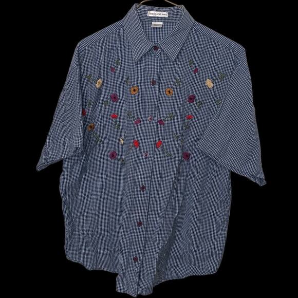 Maggie & Max Blue Gingham Embroidered Floral Button Down Shirt Women’s M - Picture 5 of 8